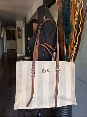 Zara Canvas Tote Bag with Brown Leather Trim - Monogrammed DS